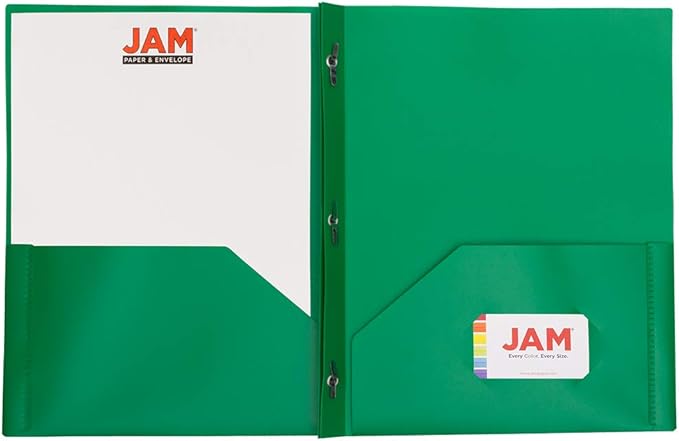 JAM PAPER Plastic Color POP Folders - 2 Pocket Durable Folders with Metal Prongs Fastener Clasps - Green - Bulk 96/Pack