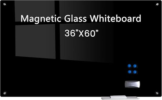 Magnetic Glass Dry Erase Board White Board Wall Mounted Whiteboard, Large Frameless Writing Board Black Glassboard, 60" W x 36" H