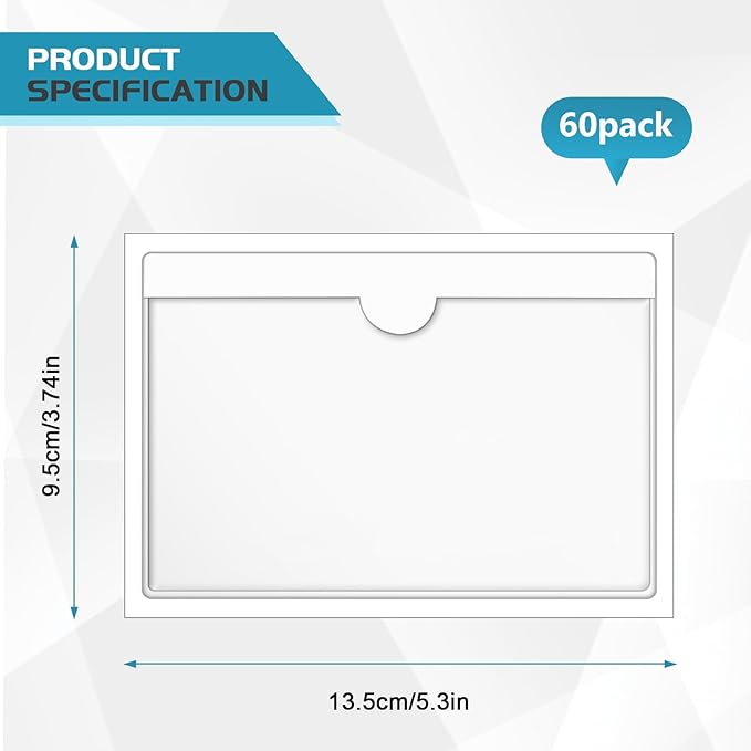 60 Pack 3" x 5" Index Card Pockets with Top Open Self-Adhesive Index Card Holders Clear Plastic Labels Holders for Storage Bins, Organizing