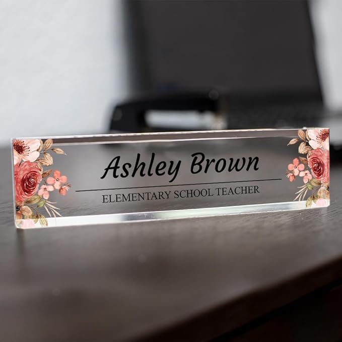 Signs ByLITA Floral Pattern Customized Nameplate | Rustic Rose Personalized Full Color Acrylic Desk Sign