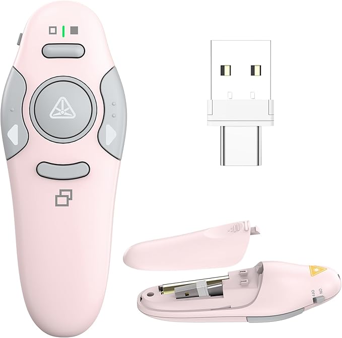 QUI Presentation Clicker Wireless Presenter Remote Clicker for PowerPoint Presentation Remote, PowerPoint Slide Advancer for Mac/Windows/Linux, Google Slide/PPT/Keynote, USB A&C, Pink