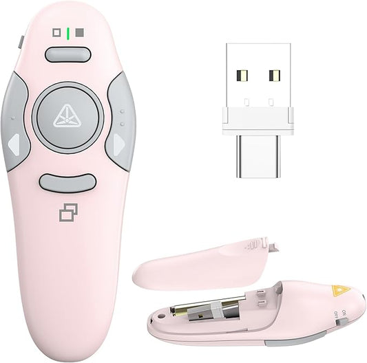 QUI Presentation Clicker Wireless Presenter Remote Clicker for PowerPoint Presentation Remote, PowerPoint Slide Advancer for Mac/Windows/Linux, Google Slide/PPT/Keynote, USB A&C, Pink