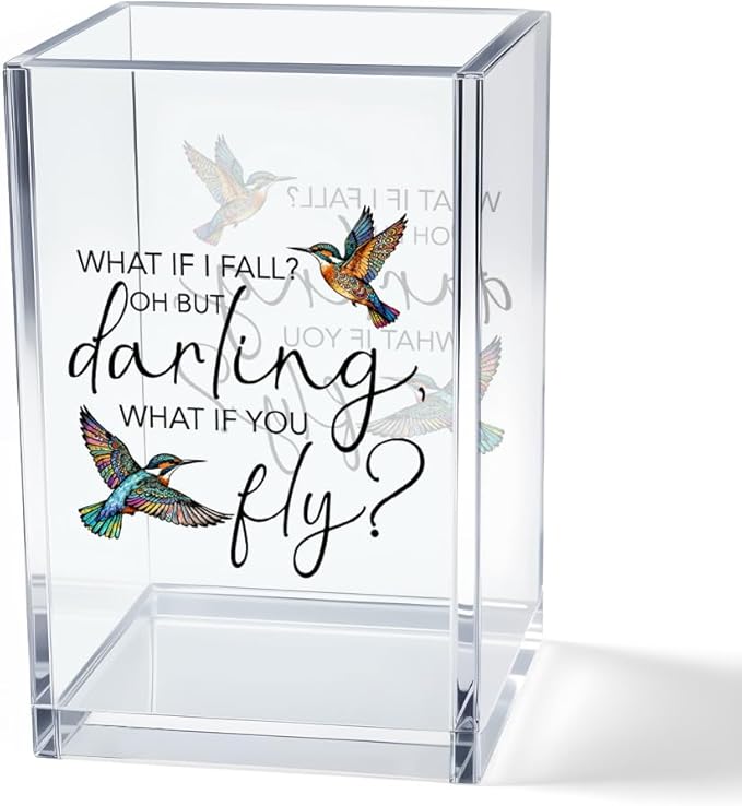 Vgrti What If I Fall What If You Fly Acrylic Cosmetic Pencil Pen Holder Cup, Hummingbird Lover Gifts Desk Organizer Accessory for Office Decor, Inspirational Gifts for Women Girl Coworker Boss Friend