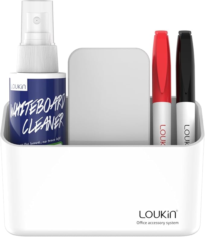 loukin Magnetic Marker Holder Set, Dry Erase Marker Holder, Dry Erase Accessory Tray Set (Includes 1 Eraser, 1 Cleaner, 2 Dry Erase Markers), Ideal for Office, School or Home Use(White)