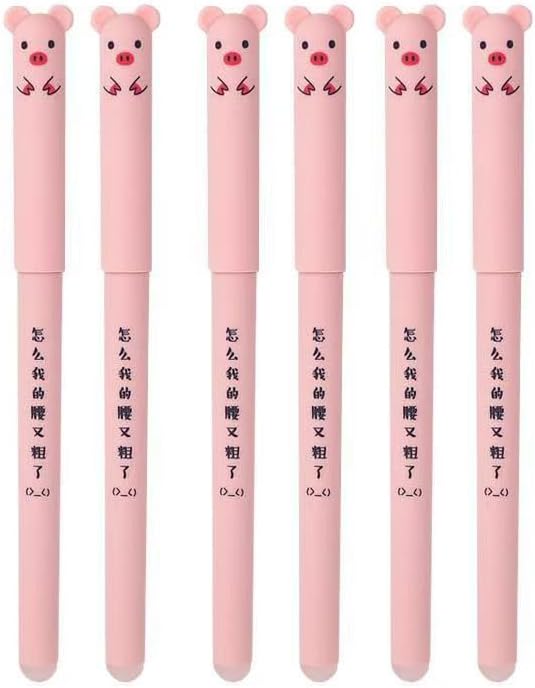 Piaogui 6pcs 0.5mm Erasable Gel Pens,Kawaii Cute Bear Pig Erasable Gel Pen Set Kawaii Pens Back to School Stationery Supplies for Writing Noting Journaling Kids Gifts (Pink-6 Pcs)