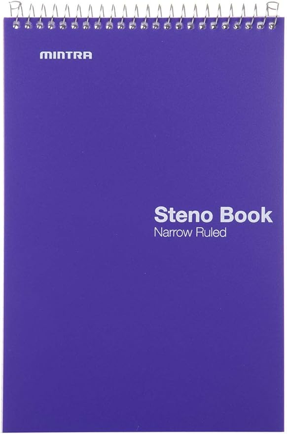 Mintra Office Steno Book - (BRIGHTS - Purp/Wht/Teal/Orange) - Poly Cover, 6" x 9", 100 sheets, Narrow Ruled for Writing Notes for school, office, work, 6x9 steno notepad, top bound spiral (8 PACK)