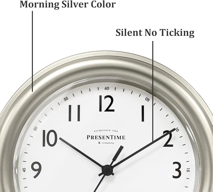 Presentime & Co. 8.5" Modern Farmhouse Essential Wall Clock, Silent Non Ticking, Morning Silver Color. (Wall Clock for Office, Home, Bathroom, Kitchen, Bedroom, and School)