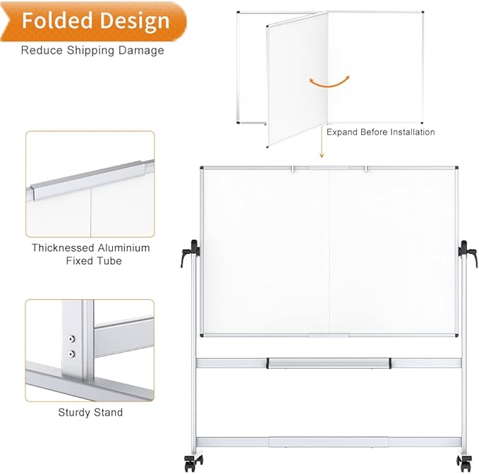 VIZ-PRO Double-Sided Mobile Whiteboard, 72 x 48 Inches, Magnetic Rolling Dry Erase White Board on Wheels with Aluminium Frame and Stand 6' x 4'