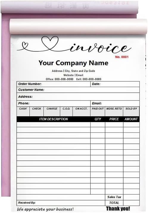 Custom Carbonless Sales Invoice Form Books for Small Business, Personalized NCR 2-Part Receipt Book with Carbon Copies, Cover Add Company Name, Address and Number Printed