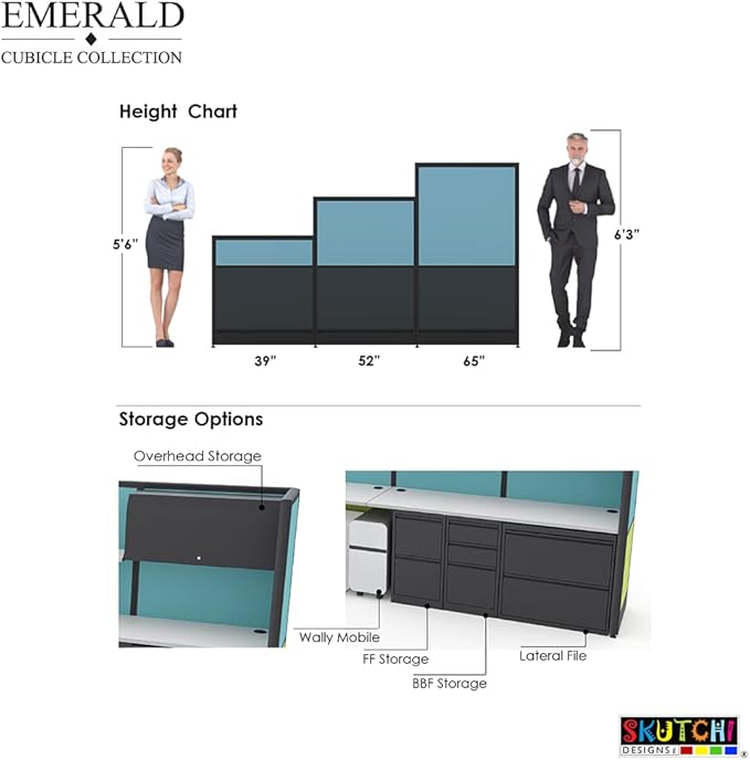 2 Person Workstation Wall Partition | Powered Cubicle Workstations | Privacy Office Divider 2 Work Stations | U Shape Cubicle | Emerald Collection | 5x5x65 H | Slate and Silver