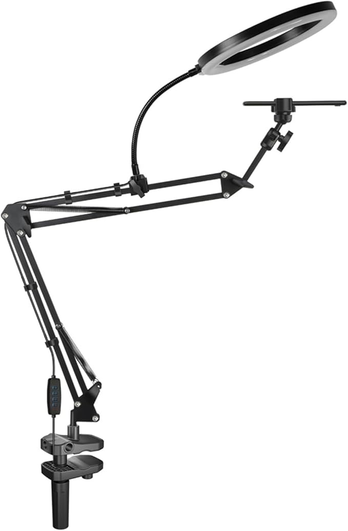 Overhead Camera Mount and Phone Holder with 10” Ring Light Adjustable Desk Tripod Stand Compatible with Logitech Webcam for YouTube, Live Streaming, TikTok, Cooking, Nail Video & Zoom Meetings