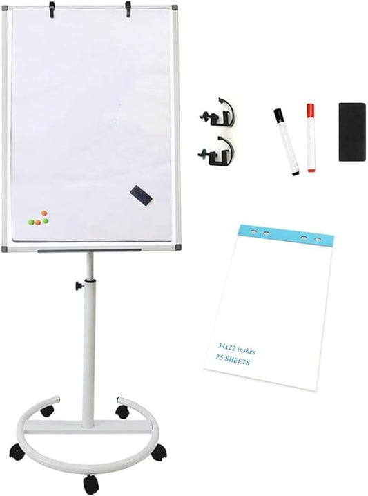 Mobile Dry Erase Board – 36x24 inches Height Adjustable Magnetic Portable Whiteboard Stand Easel White Board Flipchart Easel Board with 25 Sheets Paper Pad (36''x24'' White)