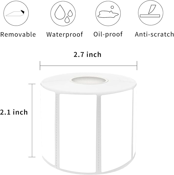1×2 Inch White Removable Thermal Labels,Waterproof Thermal Label,800 Sheets per Roll with Perforated Lines