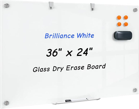 36 x 24 Inches Glass Whiteboard, Magnetic Glass Dry Erase Board for Wall, 3' x 2' Brilliance White Board for Office, Home, School