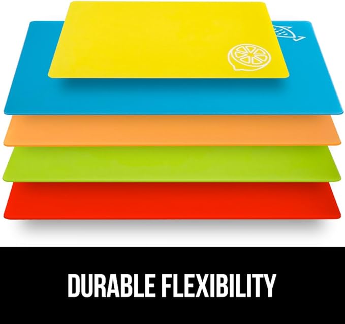 GORILLA GRIP 100% BPA-Free Flexible Cutting Board Set of 5, Durable Plastic Mats with Food Icons for Meal Prepping, Large and Mini Kitchen Chopping Mat, Use for Meat Fish Vegetables Fruit, Multicolor