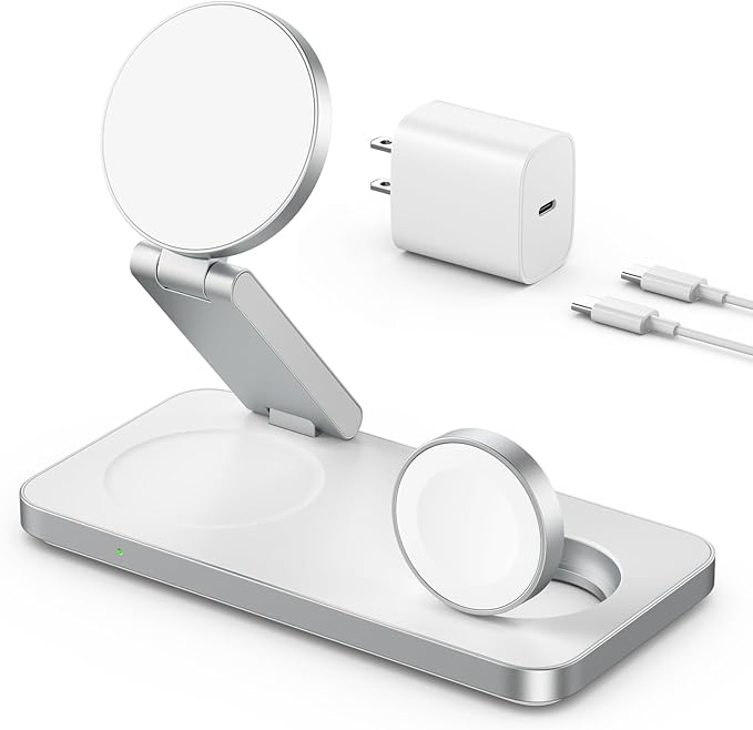 VBA 3 in 1 Wireless Charging Station for Apple MagSafe Charger,Foldable Fast Charging Magnetic Wireless Charger Stand,Travel Charger for iPhone 17 Air 16 15 14 13 12,Apple Watch,AirPods Pro(White)