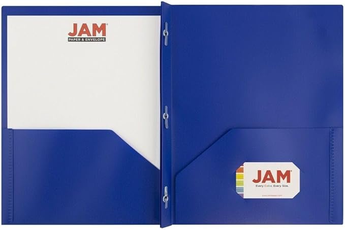 JAM PAPER Plastic Color Pop Folders - 2 Pocket Durable Folders with Metal Prongs Fastener Clasps - Dark Blue - 3/Pack