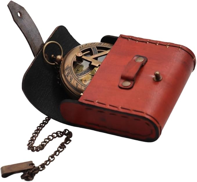 Handcrafted Vintage Brass Sundial Compass – Antique Nautical Sun Clock with Leather Case – Engraved Collectible Brass Compass Gift for Men - Nautical Gifts for Men, Best Anniversary Vintage Gifts