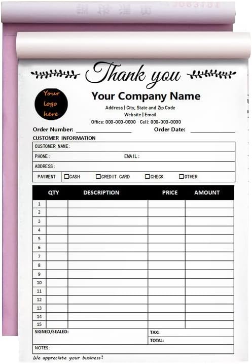 Custom Carbonless Sales Invoice Form Books for Small Business, Personalized NCR 2-Part Receipt Book with Carbon Copies, Cover Add Company Name, Address and Number Printed