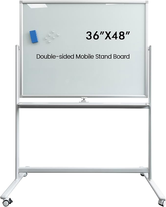 Large Mobile Glass White Board with Wheels - 48”x36” Rolling Dry Erase Whiteboard with Stand, Quick Flip Over Reversible Glass Board, Standing Double-Sided Board