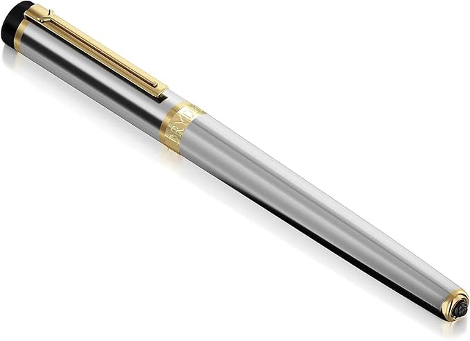Dryden Designs Fountain Pen - Medium and Fine Nibs - Metallic Silver - Includes 24 Ink Cartridges - 12 Black and 12 Blue.