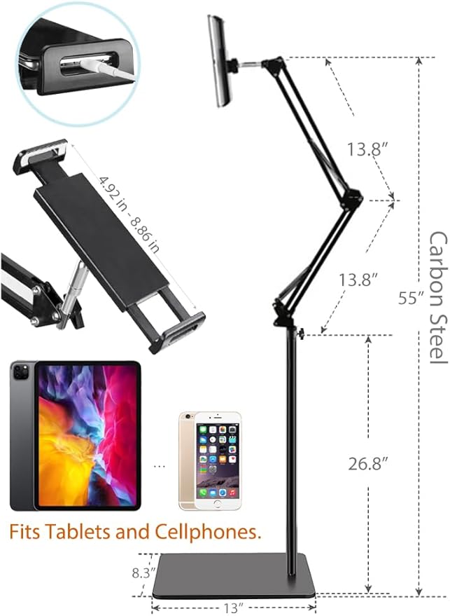 BluuSuuk Tablet Floor Stand with Double Weight Base, Overhead Bed Phone Mount Height Adjustable Arm Stretchable Stand Holder, Compatible with iPad Mini Air Pro, Galaxy Tab, Kindle, Switch, Cell Phones