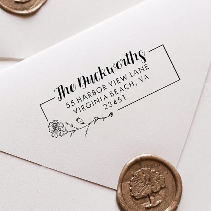 Custom Floral Address Stamp | Choose from 12 Designs | Multiple Ink Color Options | Envelope Return Address Stamp for Couple or Family (Design 8, Extra Large)