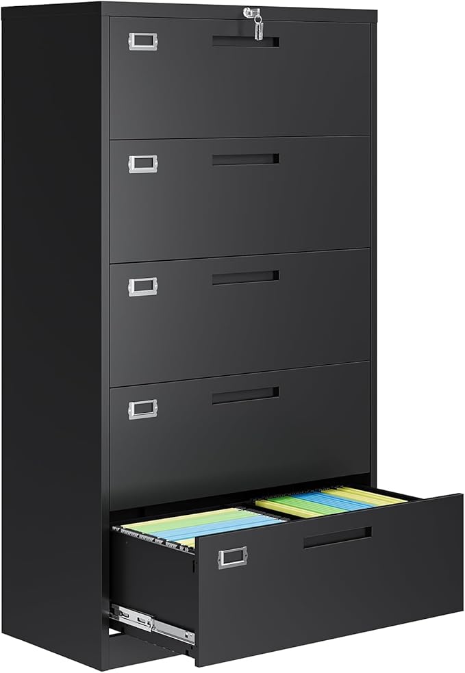 AFAIF 5 Drawer File Cabinets for Home Office, Metal Filing Cabinet with Lock, Black Locking File Caninet Five Drawer, Office Storage Caninets Steel Cabnet for Letter/Legal/A4/F4-Assembly Required