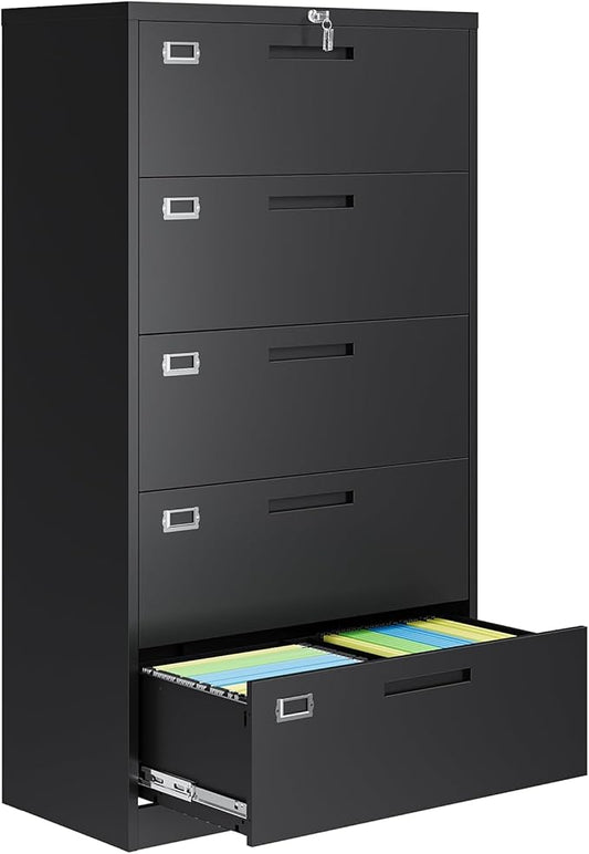 AFAIF 5 Drawer File Cabinets for Home Office, Metal Filing Cabinet with Lock, Black Locking File Caninet Five Drawer, Office Storage Caninets Steel Cabnet for Letter/Legal/A4/F4-Assembly Required