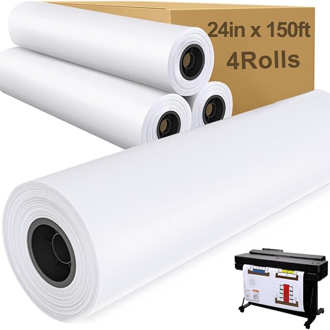 Plotter Paper 24" x 150', 2" Core 4.2 mil - 80 g/m² 20lb Bond Tracing Paper Roll for Wide Format Ink Jet Printers | Architectural Blueprints, Engineering Drawings, CAD, Custom-Sized Prints (4 Rolls）