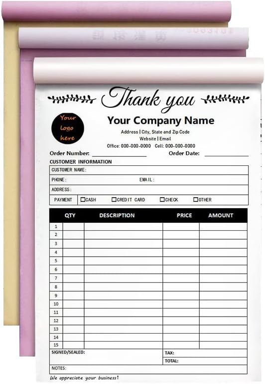 Custom Carbonless Sales Invoice Form Books for Small Business, Personalized NCR 3-Part Receipt Book with Carbon Copies, Cover Add Company Name, Address and Number Printed