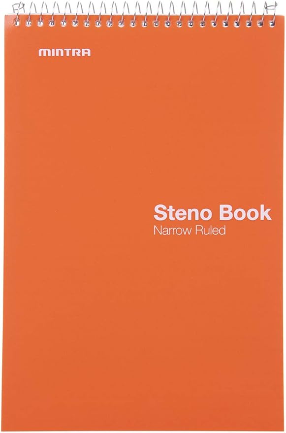 Mintra Office Steno Book - (BRIGHTS - Purp/Wht/Teal/Orange) - Poly Cover, 6" x 9", 100 sheets, Narrow Ruled for Writing Notes for school, office, work, 6x9 steno notepad, top bound spiral (8 PACK)