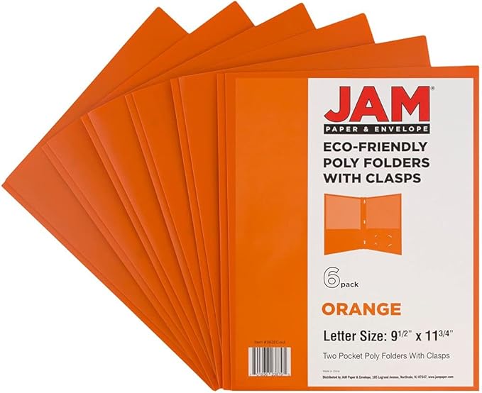 JAM PAPER Plastic Color POP Folders - 2 Pocket Durable Folders with Metal Prongs Fastener Clasps - Orange - 6/Pack