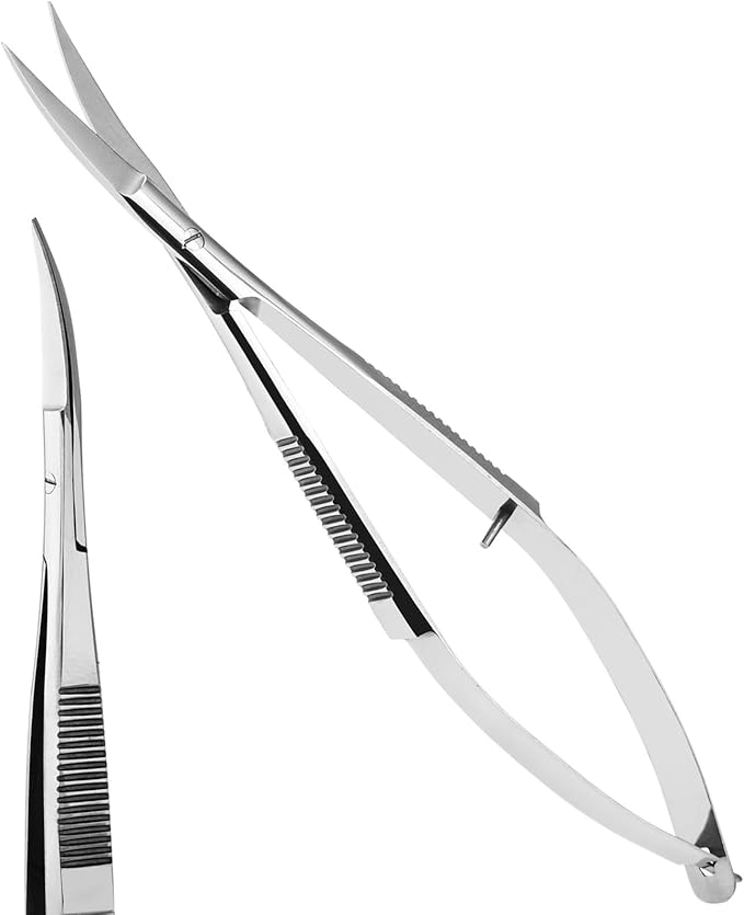 Cross Edge Curved Spring Scissors 5 Inch Stainless Steel Precision Eyebrow & Eyelash Shaping & Trimming Scissor, Snips Squeeze, Embroidery, Knitting Micro Tip Craft Scissors (Silver)