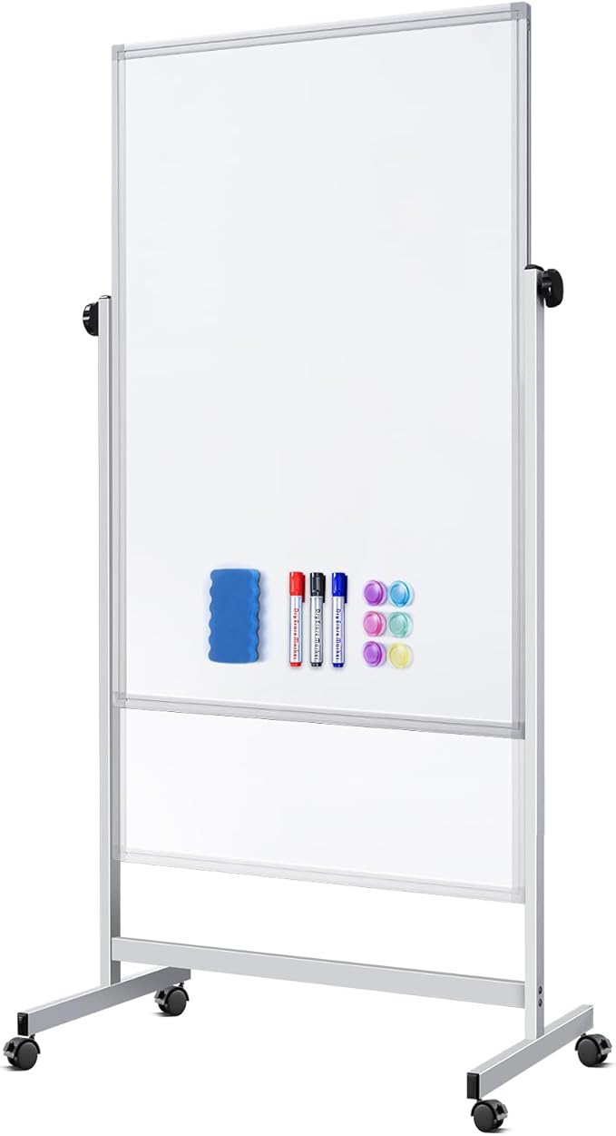 Rolling Whiteboard on Wheels, 32x48 Inches Double-Sided Magnetic Dry Erase Board with Stand, Height Adjustable Mobile White Board Easel for Classroom Home Office