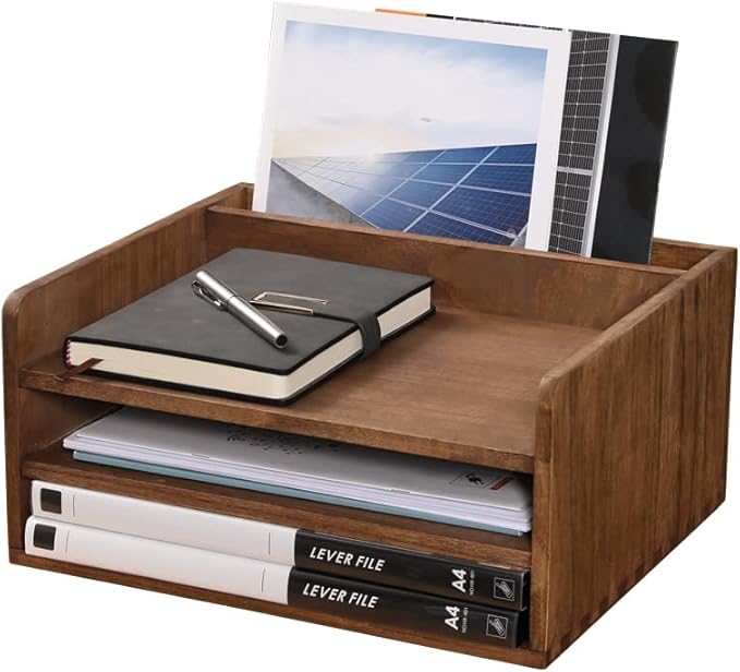 DDYURI Desk Organizer for File Folder Storage with 3 Paper Letter Tray &1 Vertical Compartment- Wood Office Desktop Document Organizer Rack - Filing Folder Mail Sorter Desk accessories Dark WJJ3K-DK