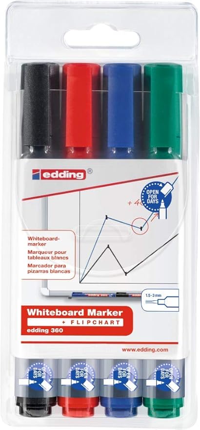 edding 360 whiteboardmarker set - zwart, rood, blauw, groen - 4 whiteboardstiften - ronde punt 1,5 - 3 mm - boardmarker uitwisbaar - voor whiteboard, flipchart, prikbord, memobord - navulbaar