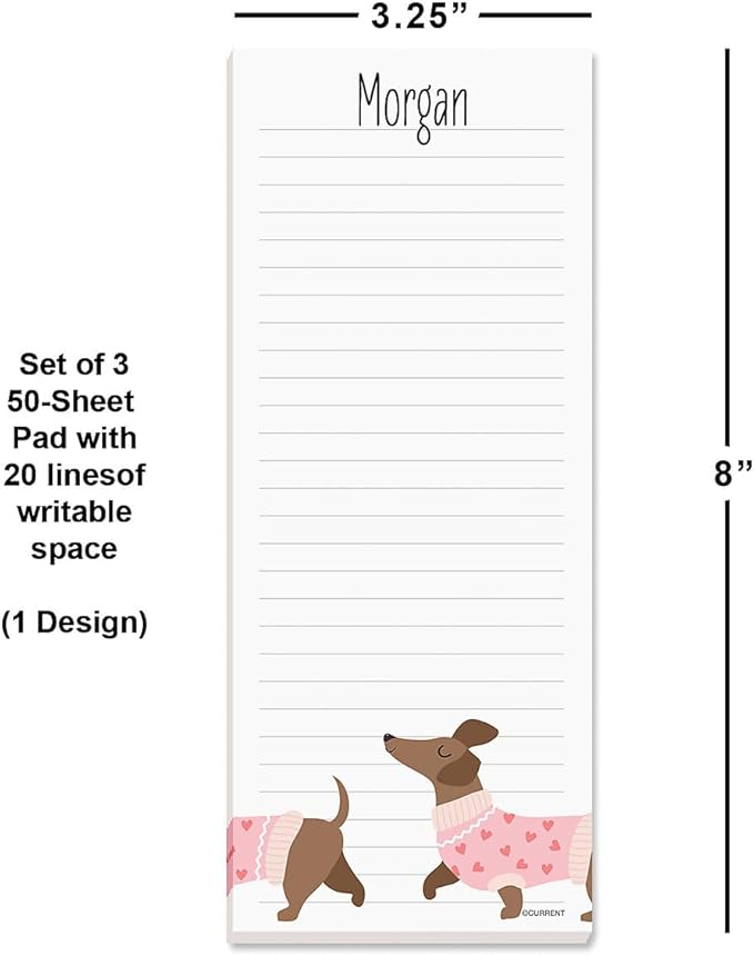Current Dachshund Lined Personalized Shopping List Pad Set of 3, 50-Sheet Pads, 3 1/4 x 8 Inches, Memo Pad, Shopping List, to-Do Notes, Office Organizer