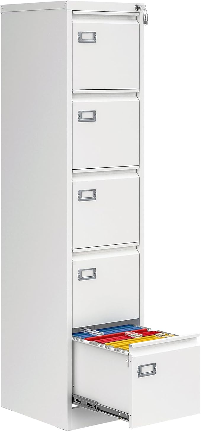 AFAIF 5 Drawer File Cabinet with Lock, Metal Filing Cabinets for Home Office, Vertical White Locking File Caninet, Steel Narrow Five Drawer File Cabnet for Letter/Legal / A4 / B4- Assembly Required