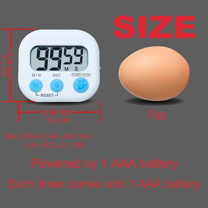 Digital Kitchen Timer, BESTWYA Electronic Timer with Clear LCD Screen Count Up and Down Function 3 Big Buttons On/Off Switch Button for Kitchen, Study, Work, Exercise Training (6, White)