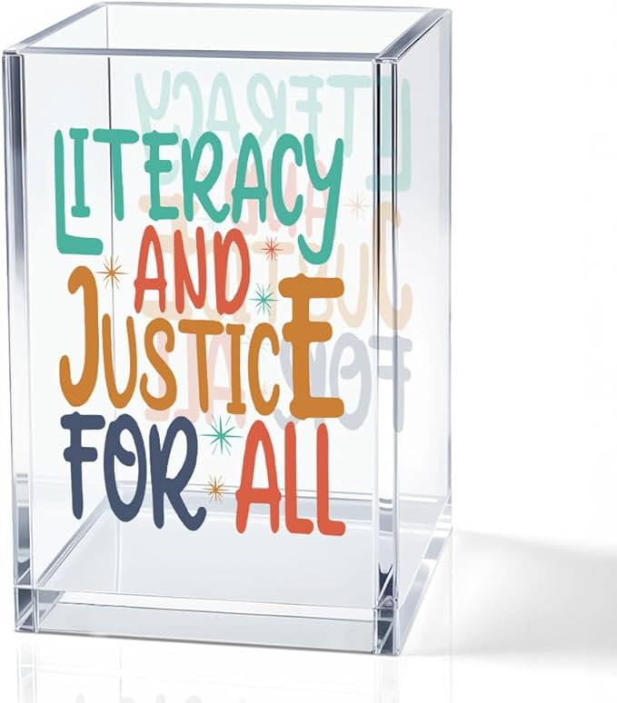 QYUVK Literacy And Justice For All Acrylic Makeup Brush Pencil Holder Cup, Social Justice Gifts for Women Sister Friend Coworker, Stop Book Banning Protect Librarian, Pen Holder for Desk Accessories