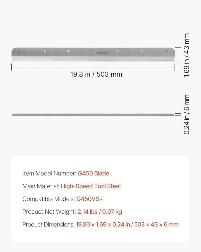 VEVOR Paper Cutter Blade, Heavy Duty Steel Blade Replacement Suitable for Professional Cutter G450VS+, Paper Trimmer Machine Spare Blade,503 x 43 x 6 mm