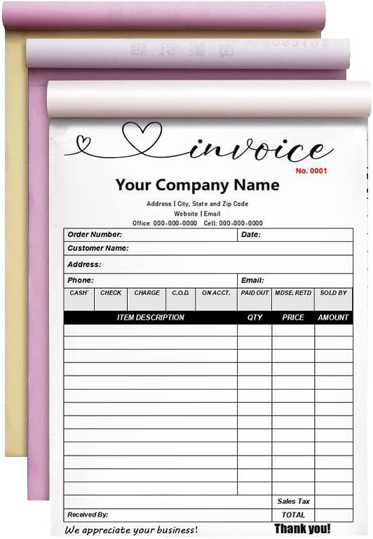 Custom Carbonless Sales Invoice Form Books for Small Business, Personalized NCR 3-Part Receipt Book with Carbon Copies, Cover Add Company Name, Address and Number Printed