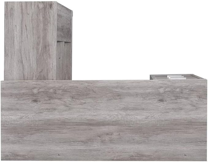 Pemberly Row L Shape Corner Storage Desk in Grey Driftwood, Letter/Legal File, 5 Bookshelves