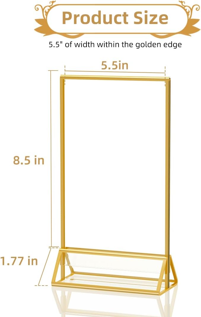 8.5 x 5.5 Acrylic Sign Holder with Gold Frame, Double Sided Display Stand Ideal for Display Wedding Table Numbers, Picture, Flyer Menu Holder, 6 Packs