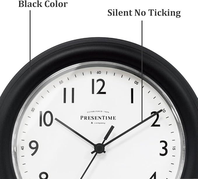 Presentime & Co. 8.5" Modern Farmhouse Essential Wall Clock, Silent Non Ticking, Black Color. (Wall Clock for Office, Home, Bathroom, Kitchen, Bedroom, and School)