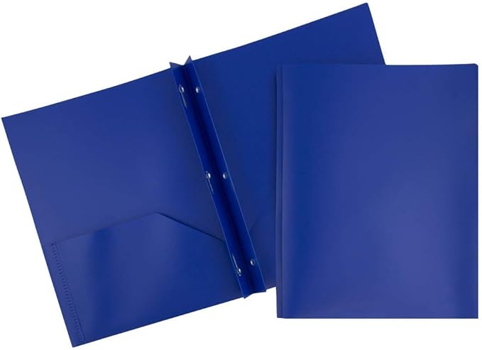 JAM PAPER Plastic Color POP Folders - 2 Pocket Durable Folders with Metal Prongs Fastener Clasps - Dark Blue - 6/Pack