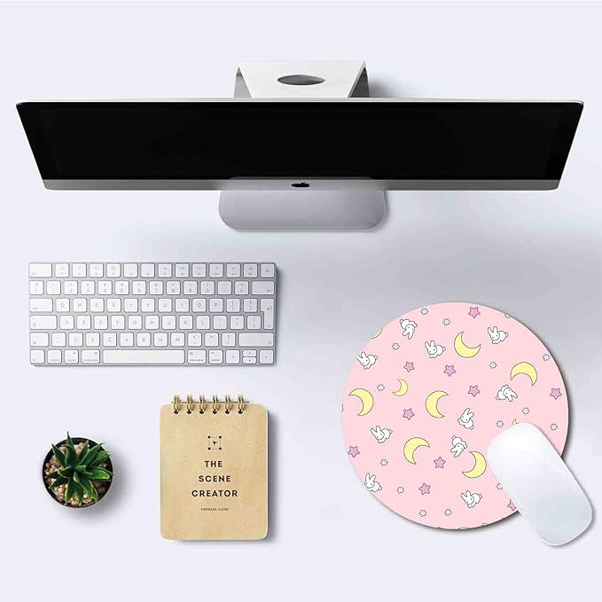 IMAYONDIA Pink Kawaii Round Mouse Pad, Cute Moon Bunny Small Mouse Mat，Aesthetic Anime Mousepad for Women Kids Office Home School, Computer PC Laptop Pastel Mice Pad, 7.9 x 7.9 in