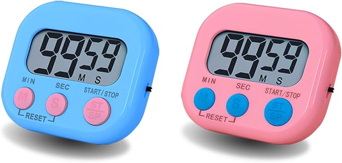Digital Kitchen Timer, BESTWYA Electronic Timer with Clear LCD Screen Count Up and Down Function 3 Big Buttons On/Off Switch Button (2, Blue & Pink)