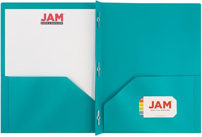 JAM PAPER Plastic Color POP Folders - 2 Pocket Durable Folders with Metal Prongs Fastener Clasps - Teal Blue - Bulk 96/Pack